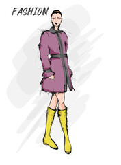 Young beautiful woman in spring clothes. Sale concept. Hand-drawn fashion illustration