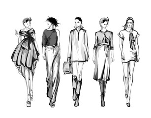 Beautiful young women in modern style.. Hand drawn stylish woman portrait. Fashion lady. Summer outfit. Sketch set. Fashion model posing in coat. Hand drawn fashion woman.