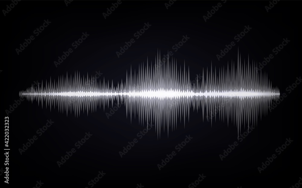 Poster Sound waves. Abstract digital signal. Black and white equalizer indicators. Voice graph meter. Audio electronic tracks. Horizontal line with sharp peaks. Vector sonic vibration spectrum