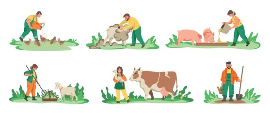 Agriculture workers. Cartoon farmers feeding domestic animals, planting crops and flowers. Men and women working in garden. People breed livestock and poultry. Vector rural scenes set