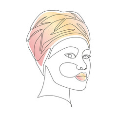 African woman in turban portrait line drawing. Minimalistic women face continuous line art with color shapes for prints, tattoos, posters, textiles, postcards. Vector illustration
