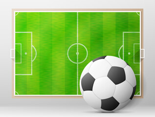 Soccer ball against association football field. Sport equipment and soccer pitch board. Vector illustration about soccer, sport game, championship, gameplay, etc