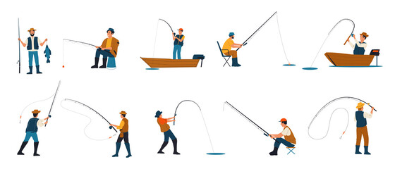 Fototapeta na wymiar Fisherman. Cartoon people fishing. Characters catching fish with rods while standing on shore of lake and sitting on folding chairs or from boats. Males hobby. Vector leisure pastime