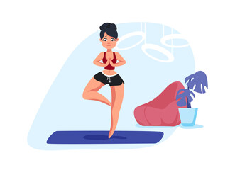 Girl doing breath exercise. Woman standing in asana pose. Young female practicing yoga at home. Character meditating and training concentration. Vector workout for health and wellness