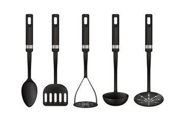 Cooking tools. 3D realistic utensil. Types set of household appliances for preparing food. Black spoon and spatula or ladle. Isolated kitchenware. Vector cookers equipment for cuisine