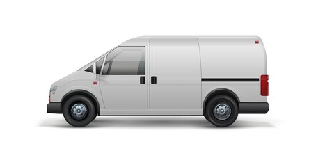 Delivery transport. Realistic van for shipping food and packages. 3D white wagon, automobile for orders transportation. Truck carries goods from warehouse to customers. Vector vehicle