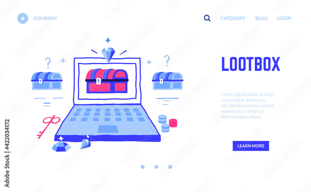 Poster Loot box landing page. Win treasure in computer game or jackpot in online casino gambling. Website doodle design, interface template with buttons and copy space. Vector colorful UI mockup