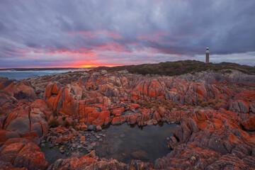 Beautiful ,autumn ,sunset , over historic Eddystone Point Lighthouse. Mount William National Park. Part of the Bay of Fires Conservation Area. North Eastern Tasmania, Australia.