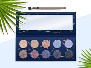 Eyeshadow palette. Realistic makeup color box kit with brush and mirror. Top view of glitter paint for face and decorative palm leaves. Vector container with compact dry bright pigments