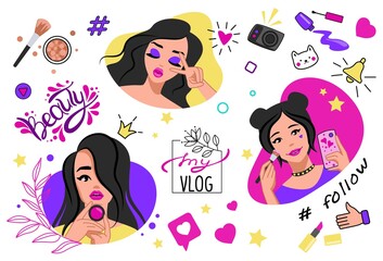 Blogger post. Cartoon beauty blog banner. Girls using decorative cosmetic products. Women recording videos with makeup tutorial. Female portraits and lettering. Vector content creators set