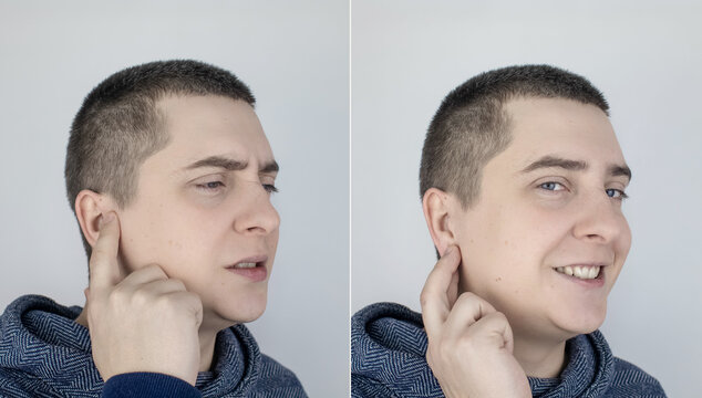 Before and after. On the left, the man indicates ear pain, and on the right, indicates that the ear no longer hurts. Pain management and professional medical care assistance concept