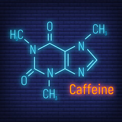 Caffeine glow neon style concept chemical formula icon label, text font vector illustration, isolated on wall background. Periodic element table.