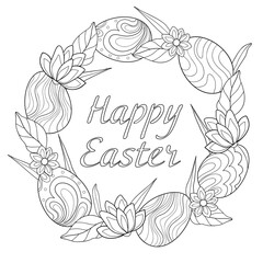 Eggs with patterns, simple flowers and leaves in a round wreath on a white isolated background. Easter spring illustration for coloring book pages.