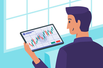 Businessman Checking Out Foreign Exchange Stock Market or Cryptocurrency Investment Stats on Tablet Computer Flat Vector Illustration. Can be Used for Digital and Printable Infographic.