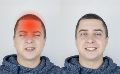 Before and after. On the left, the man indicates a headache, and on the right indicates that the...