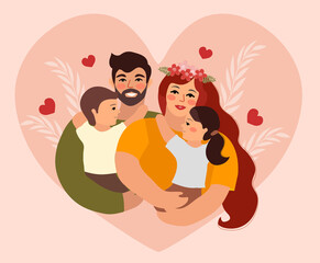 Family day. Happy international day of families. Cute couple with childrens, father and mother hug children with love. Vector illustration