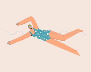 Swimmer swims in pool. Sportswoman is engaged in swimming