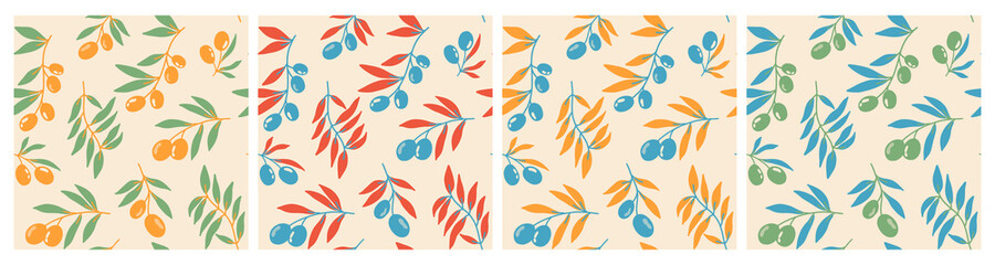 Seamless pattern of red olive branches background elements. Vector stock illustration. Prints on fabric, printed matter and wrapping paper. For greeting cards. A set of patterns for design.