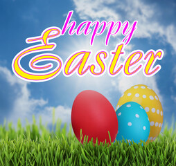Happy Easter. Bright eggs on green grass outdoors