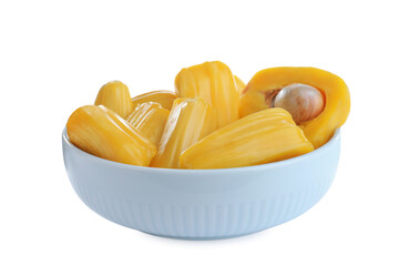 Delicious jackfruit bulbs in bowl on white background