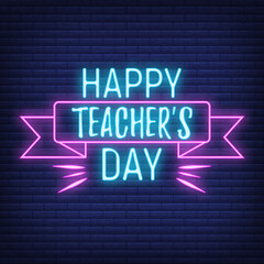 Concept neon best teacher day holiday font text quote, calligraphic inspiration celebration card flat vector illustration, decoration design label.