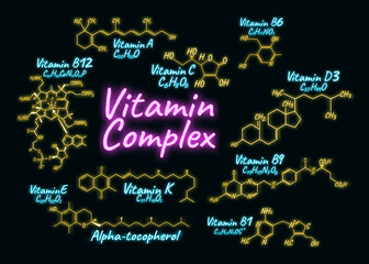Vitamin Complex B1, B6, B9, B12, K, A, E, C Label and Icon glow neon style vector Illustration, isolated on wall background. Chemical Formula and Structure Logo