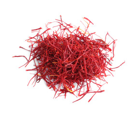 Naklejka premium Heap of aromatic saffron on white background, top view