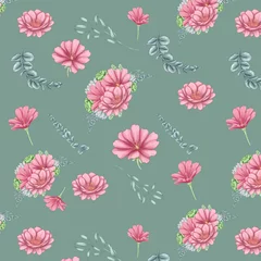 Tuinposter Lovely lewisia flowers with eucalyptys branches digital paper, summer seamless pattern © Яна Сидельникова