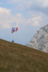 Flying on a paraglider.  View of the Monte Baldo mountain, Italy, from a height.