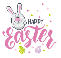 Fototapeta premium Spring, happy Easter background card, cute bunny with eggs. Vector illustration of beautiful decoration isolated on white background