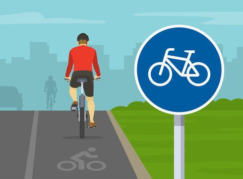 Back view of cyclist cycling on bike path. Bicycle sign and bike rider. Flat vector illustration template.