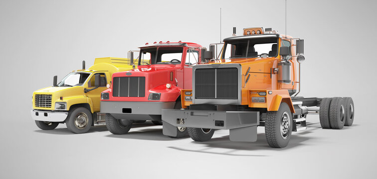 3d rendering group of heavy vehicles for transportation on gray background with shadow