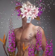 Abstract art collage of young man with flowers bouquet