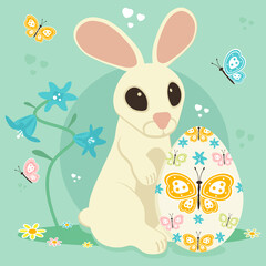 Happy easter background. Cartoon rabbit on a spring background with painted butterflies on the egg, flowers and butterflies. Vector illustration.