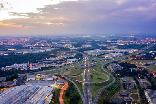 Junction Of The Bandeirantes Highway In Jundiai, Sao Paulo, Brazil, Seen From Above At Sunset