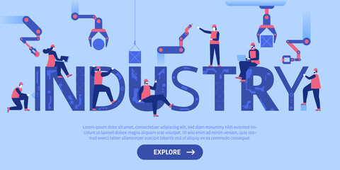 Vector landing page of tech industry with engineers team and robotic technology