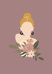 Modern simple woman blonde portrait with bouquet