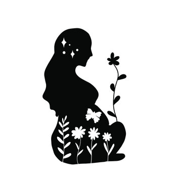 Pregnancy woman silhouette. Health motherhood, mantal health. Mothers healthcare concept vector illustration with wild flowers. Meadow flowers and butterfly decoration symbols of life and miracle. 