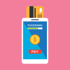 money transaction on mobile banking app,  hand holding mobile for on line business concept. vector illustration