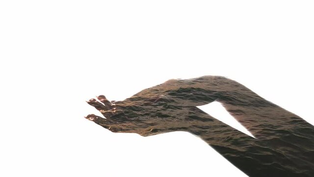 Double exposure. Hand skincare. Spa natural cosmetology. Beauty wellness. Sunset water surface motion in shape of female gentle fingers pampering arm isolated on white empty space background.