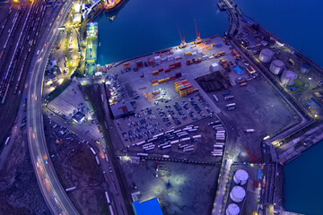 Batumi, Georgia - March 15, 2021: Sea Port, video from drone in the evening