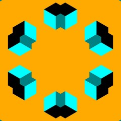 patterns and intricate designs from repeating cube pattern in shades of turquoise on a vivid yellow gold background