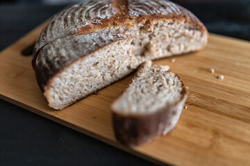 Delicious mouth-watering organic rye bread baked at home.