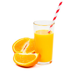 Fresh natural organic orange juice in a glass with pieces isolated on white background.