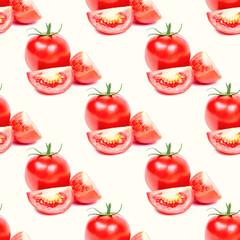 Red tomato slices repeat seamless pattern on light background.