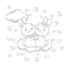 two cute rabbits. Black and white vector illustration for coloring book