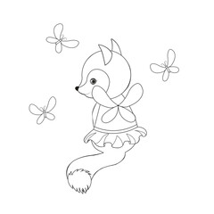 Cute cartoon Fox with butterflys. Black and white vector illustration for coloring book