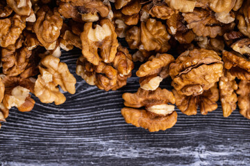 Many delicious walnuts. Walnut, healthy food ingredient.