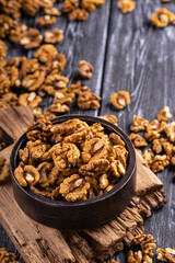 Many delicious walnuts. Walnut, healthy food ingredient.