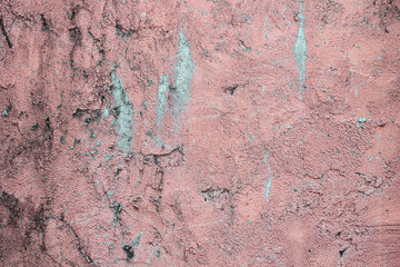 Old broken sanded aged painted facade of rusty smudged daub grime. Rough edges wrinkled plaster of uneven wall. Cracked chipped messy falling stucco. Dirty vintage flaking textured layer for 3D design